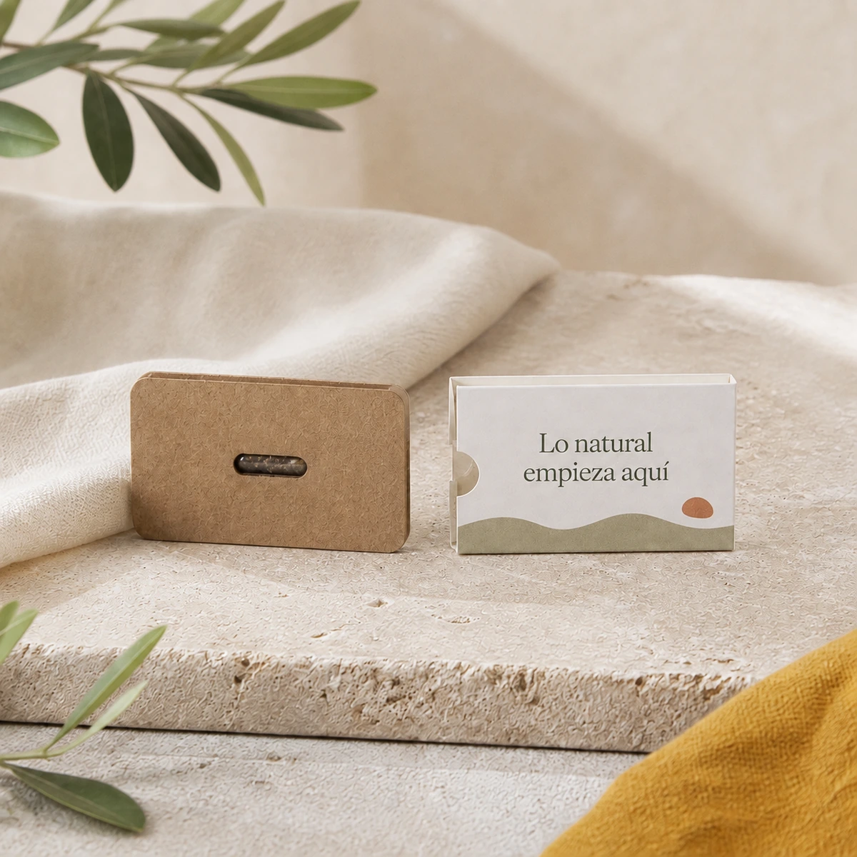 Cápsula de semillas con tarjeta y faja personalizable; simulación de personalización con color y la frase «Lo natural empieza aquí».
