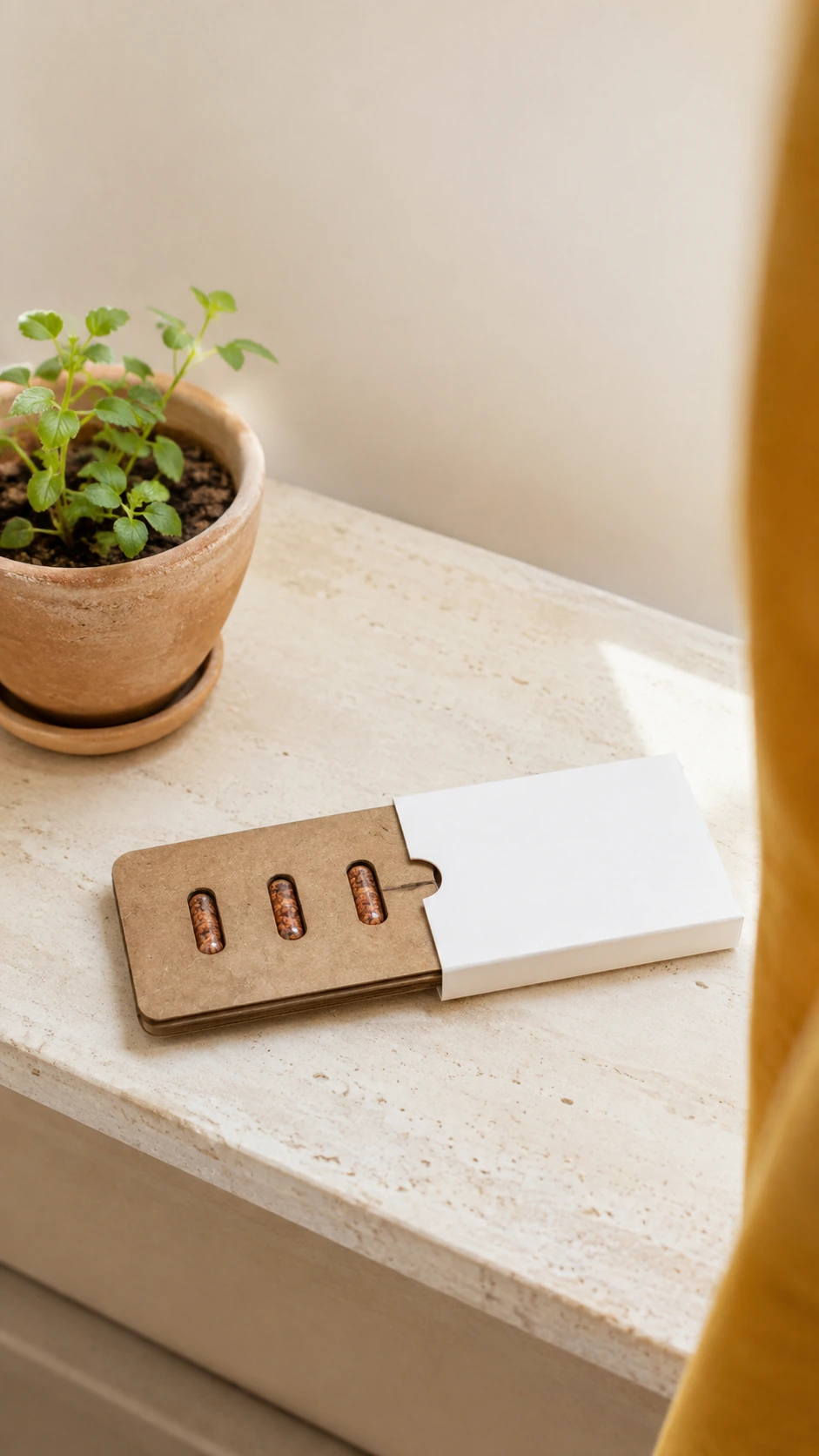 Estuche abierto con tres cápsulas de semillas junto a brotes decorativos