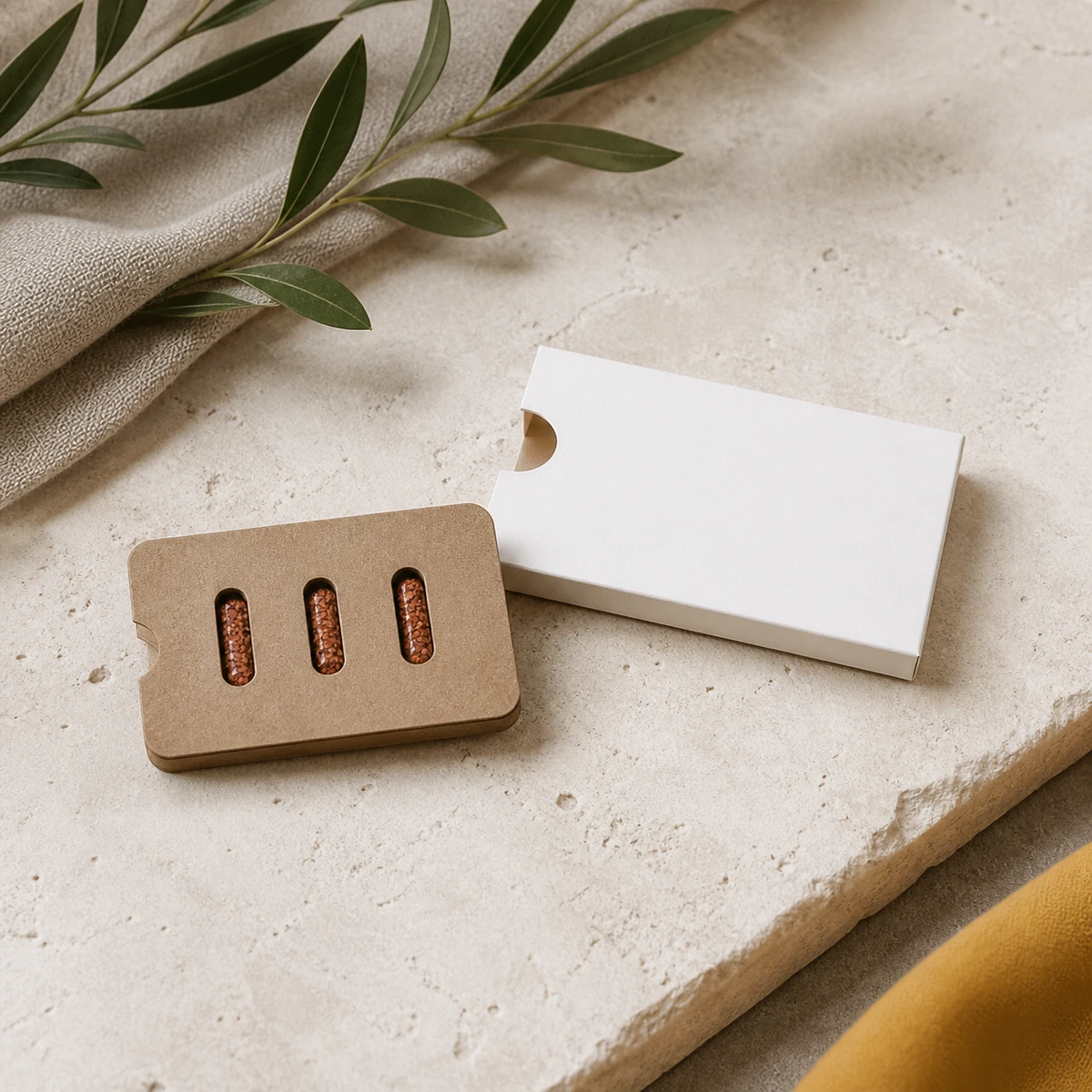 Estuche kraft con tres cápsulas de semillas y funda blanca