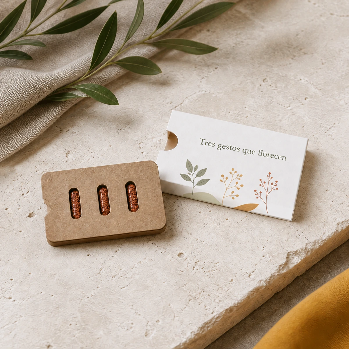 Pack de 3 cápsulas de semillas con faja personalizable; simulación de personalización con color y la frase «Tres gestos que florecen».