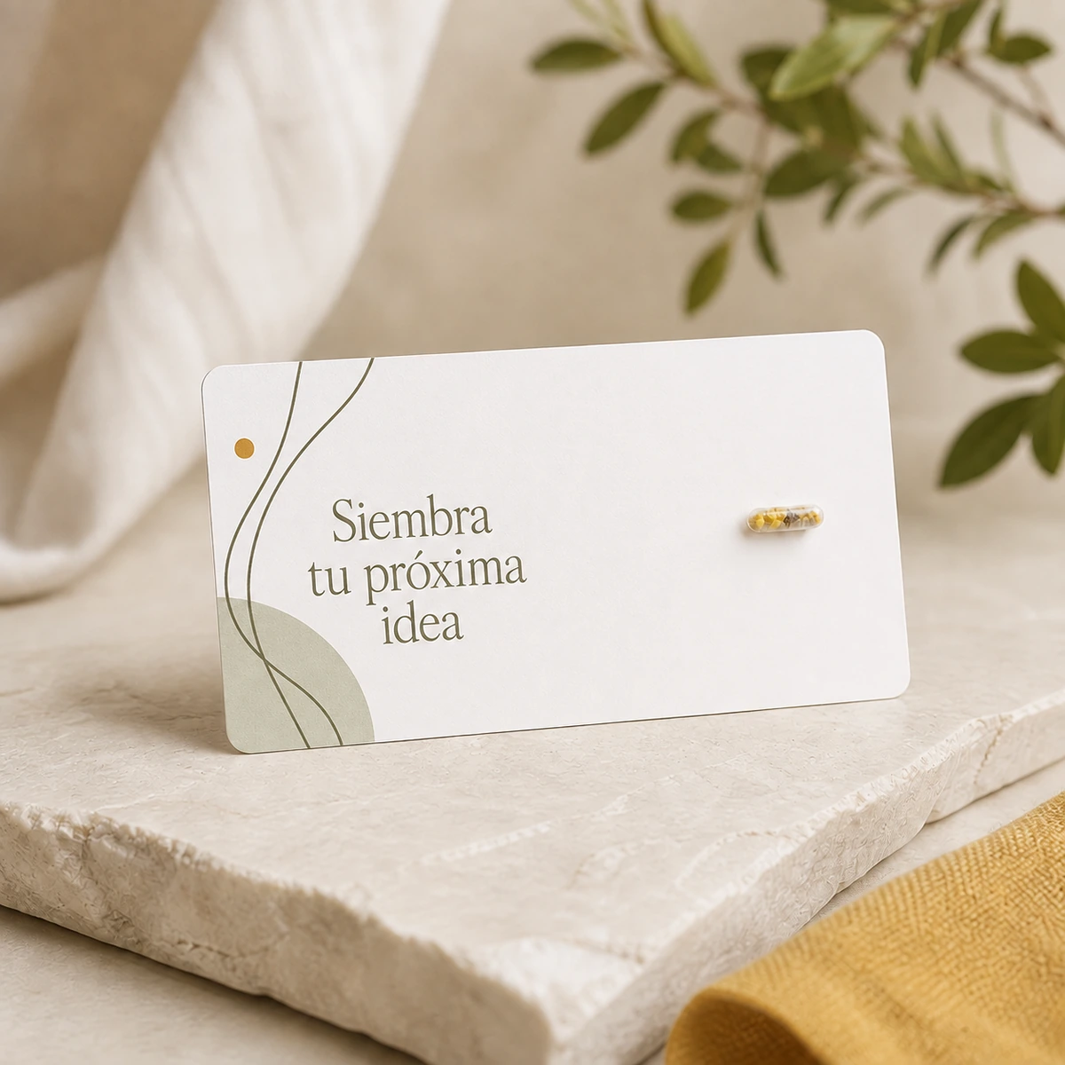 Cápsula de semillas con tarjeta alargada personalizable; simulación de personalización con color y la frase «Siembra tu próxima idea».