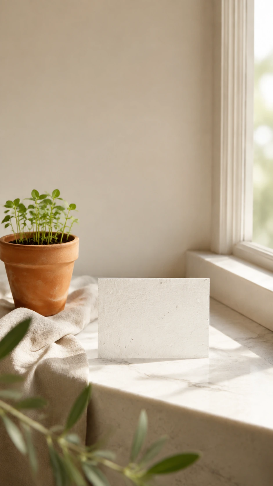 Tarjeta de visita de papel plantable junto a una maceta decorativa