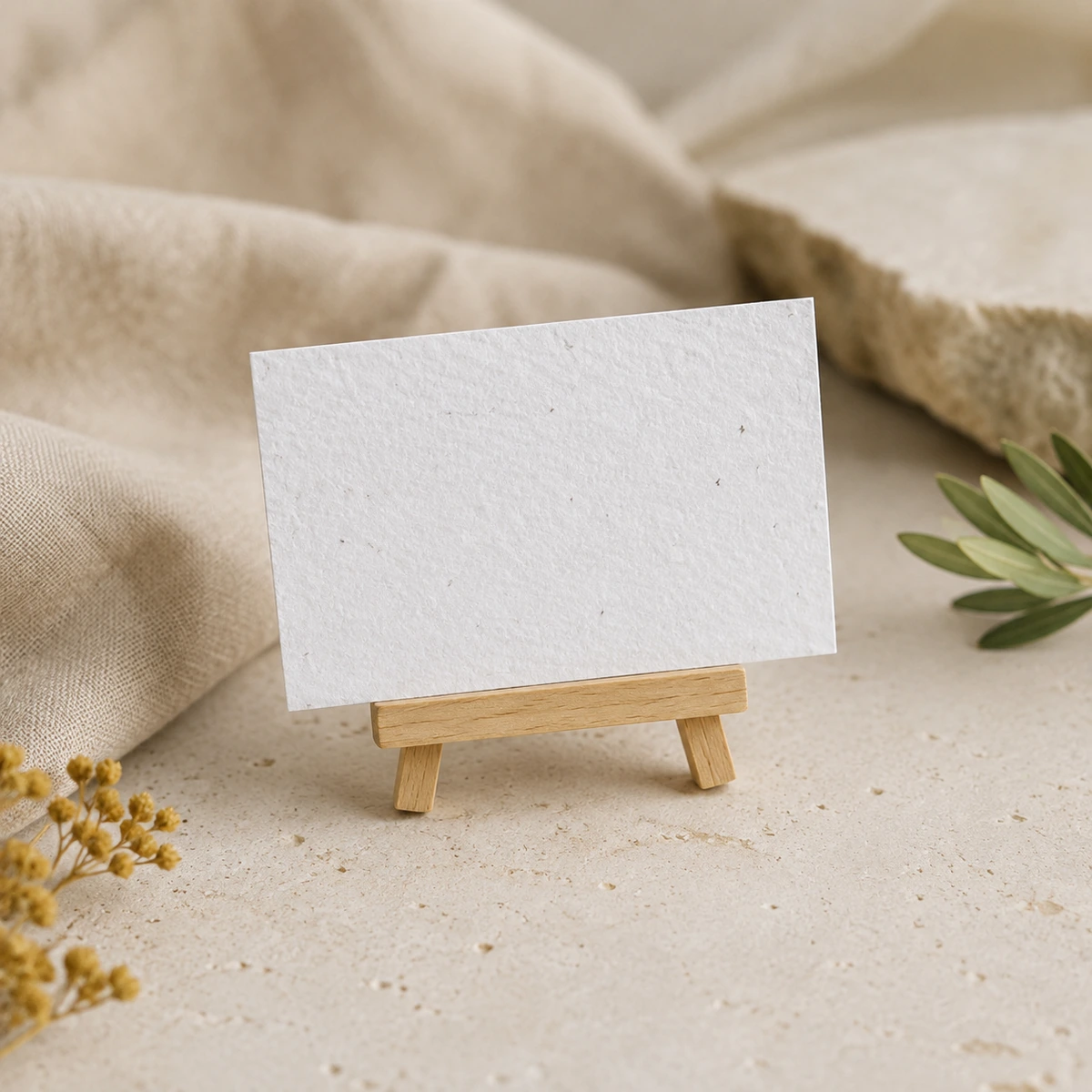 Tarjeta de visita de papel plantable sobre soporte decorativo