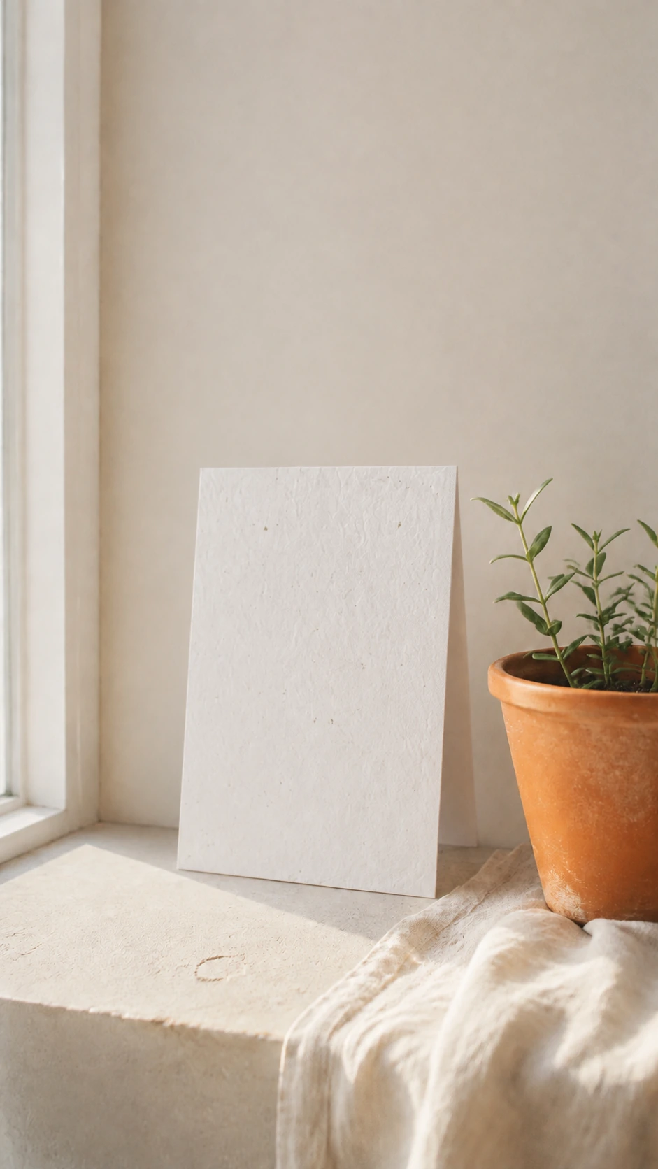 Postal plana de papel plantable junto a una maceta decorativa