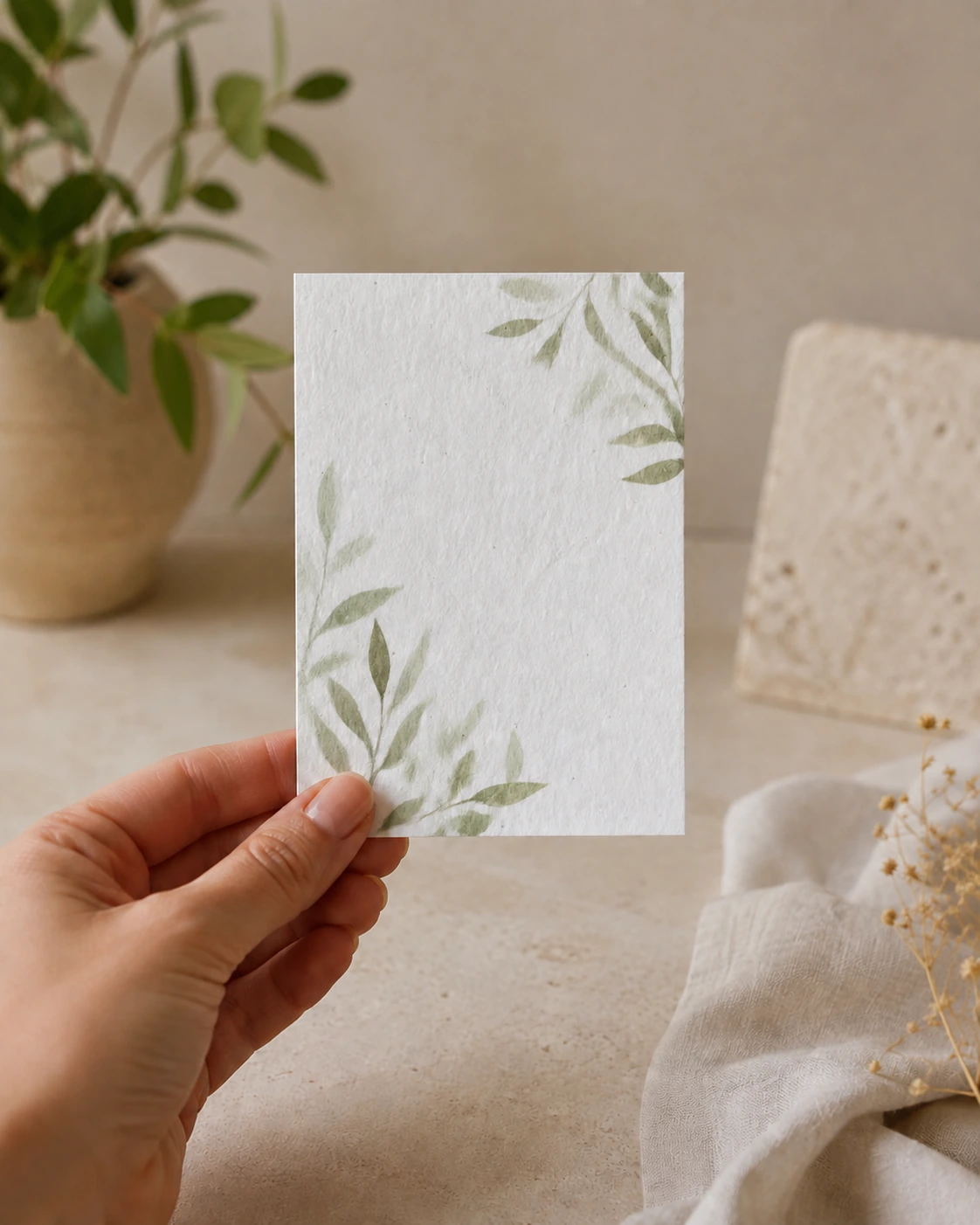 Postal de papel plantable con propuesta de hojas en verde suave