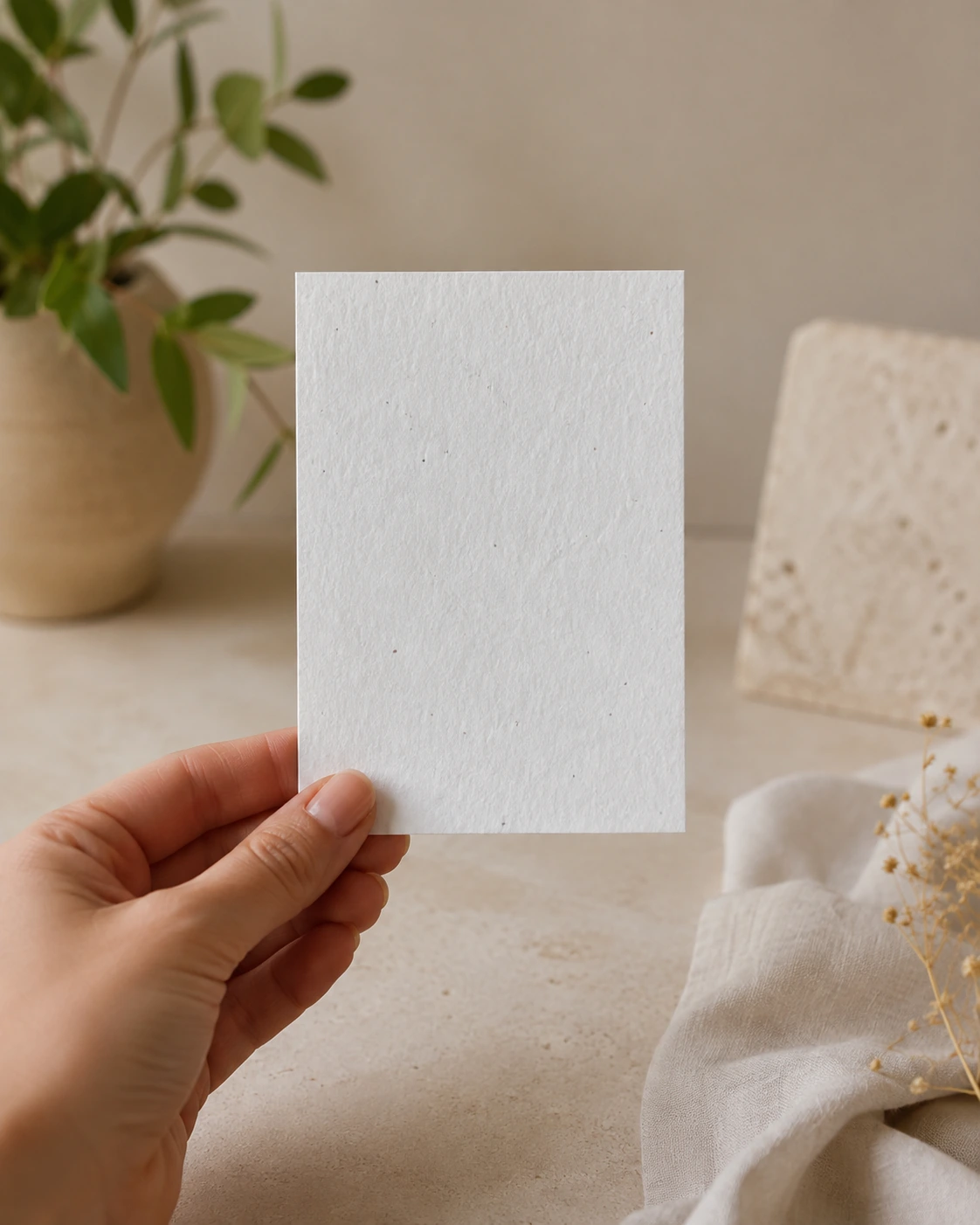 Postal plantable vertical presentada en una mano