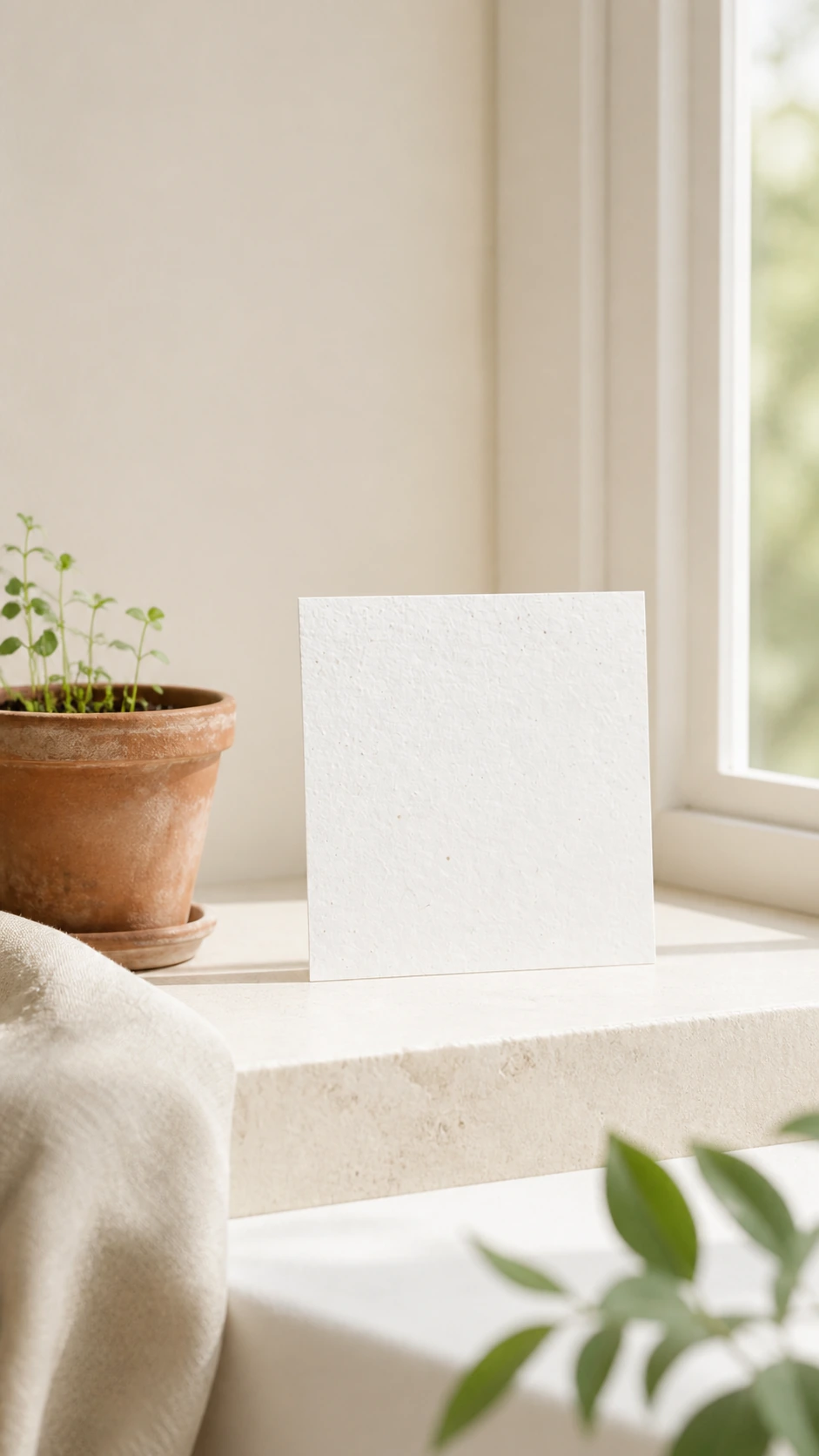 Postal cuadrada de papel plantable junto a brotes decorativos