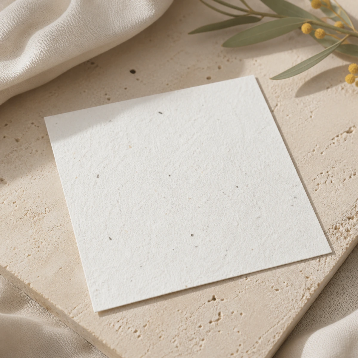 Detalle de fibras y semillas en una postal plantable cuadrada