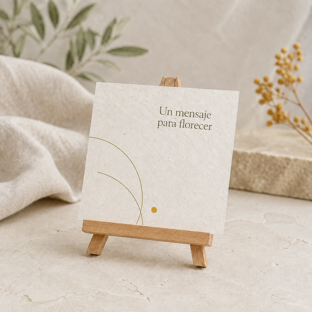 Postal cuadrada de papel plantable personalizada; simulación de personalización con color y la frase «Un mensaje para florecer».