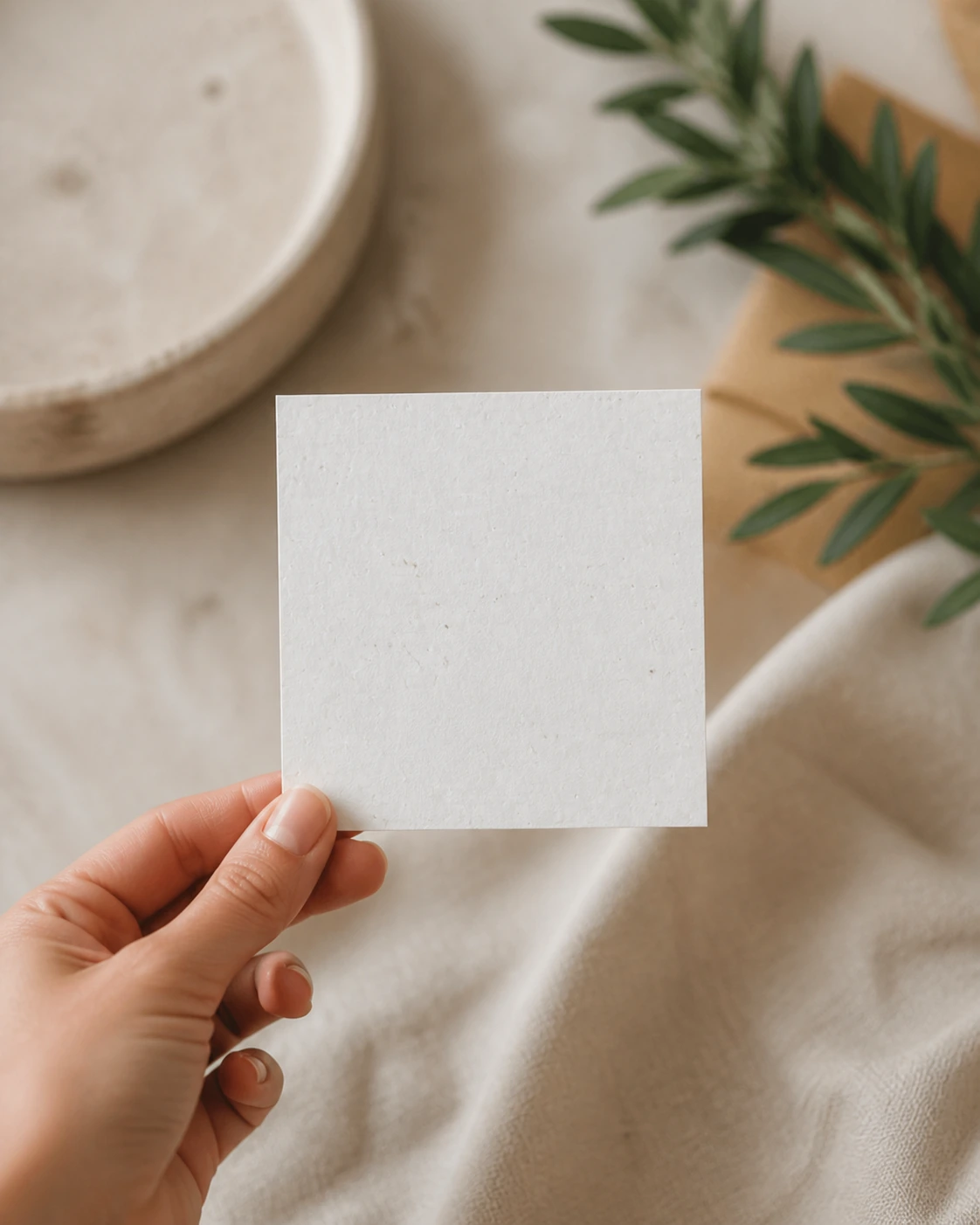 Postal cuadrada plantable presentada en una mano