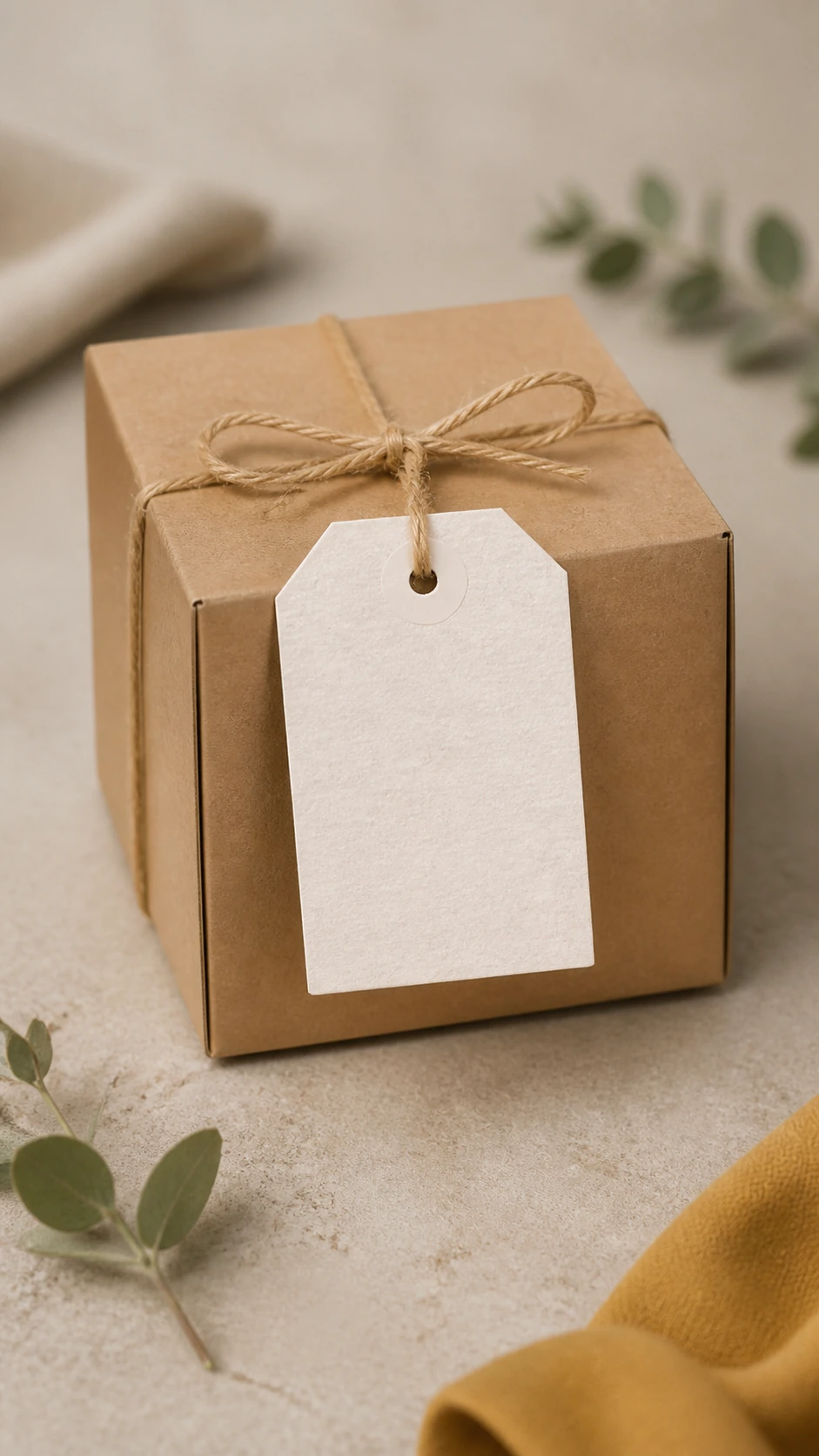 Etiqueta plantable en una caja de regalo con cordel decorativo
