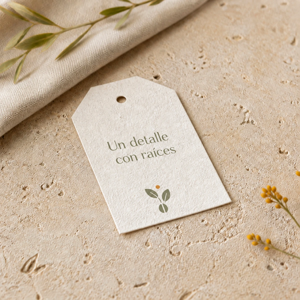 Etiqueta de papel plantable personalizada; simulación de personalización con color y la frase «Un detalle con raíces».