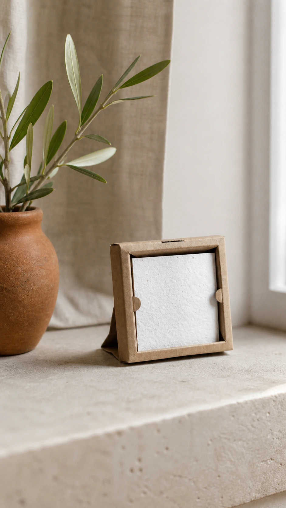 Calendario de semillas con caja y marco kraft, composición vertical con vegetación de atrezo.