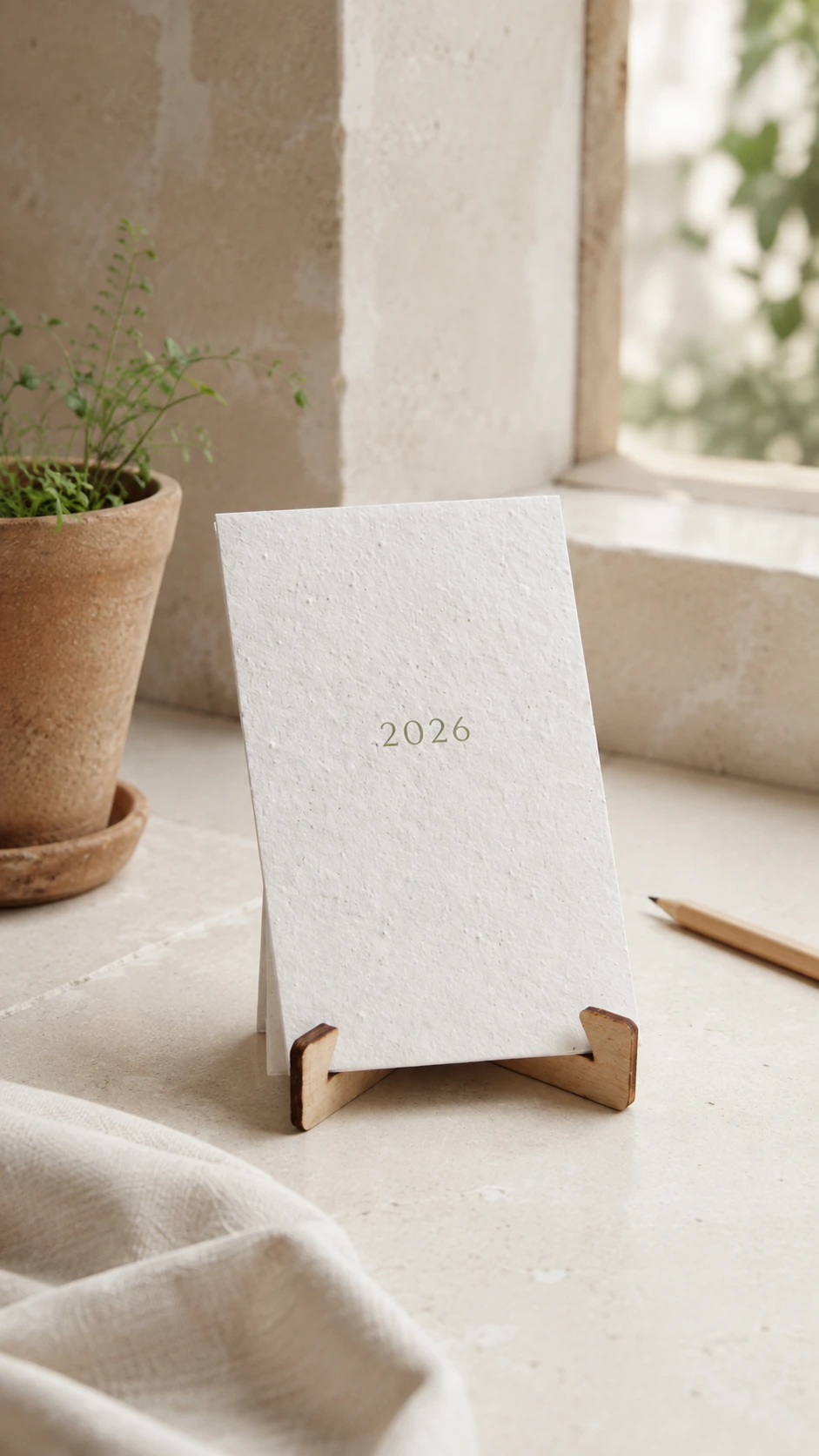Calendario plantable con atril en una composición vertical junto a una ventana y vegetación.