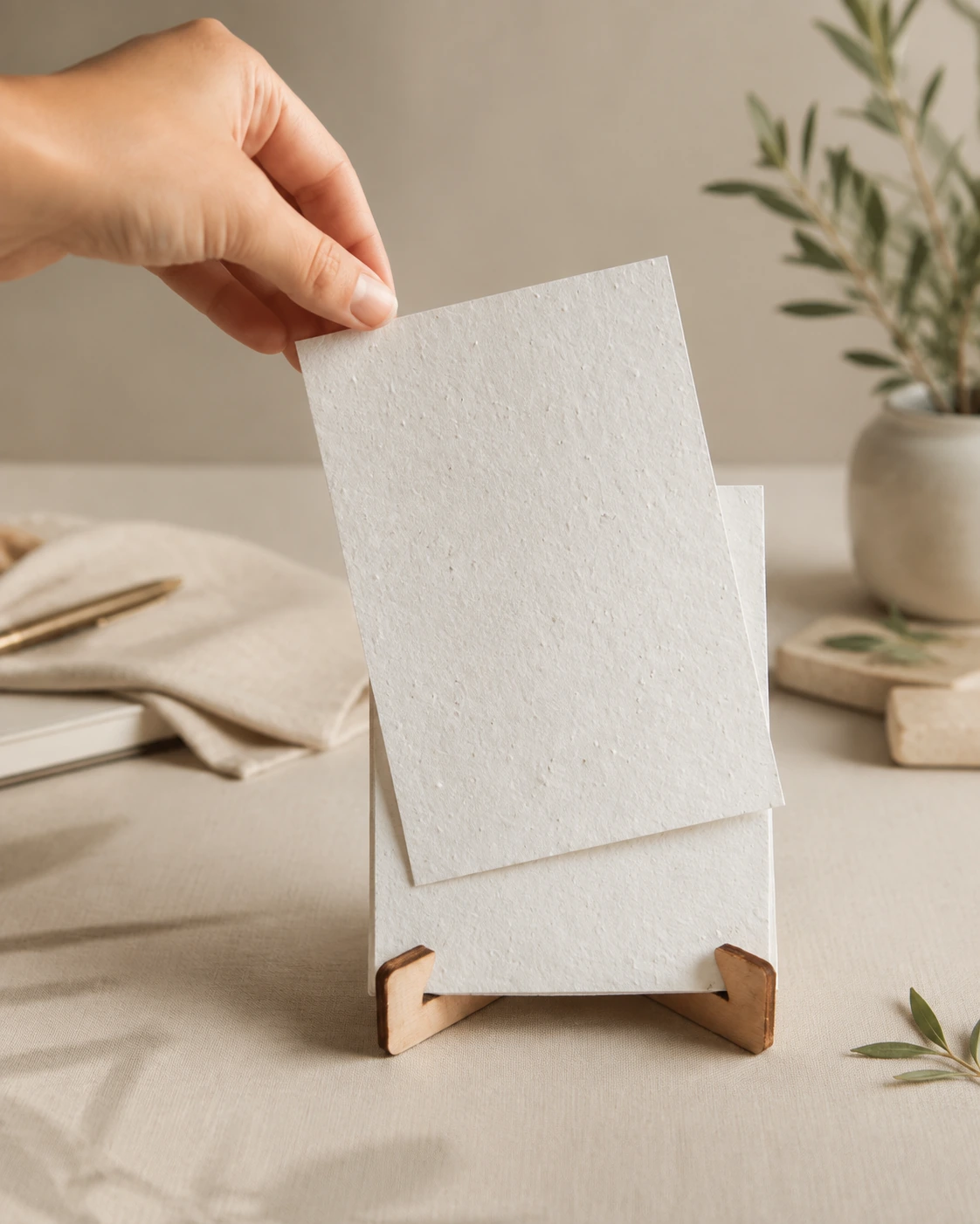 Calendario de papel plantable en atril de madera, con una mano levantando una hoja.