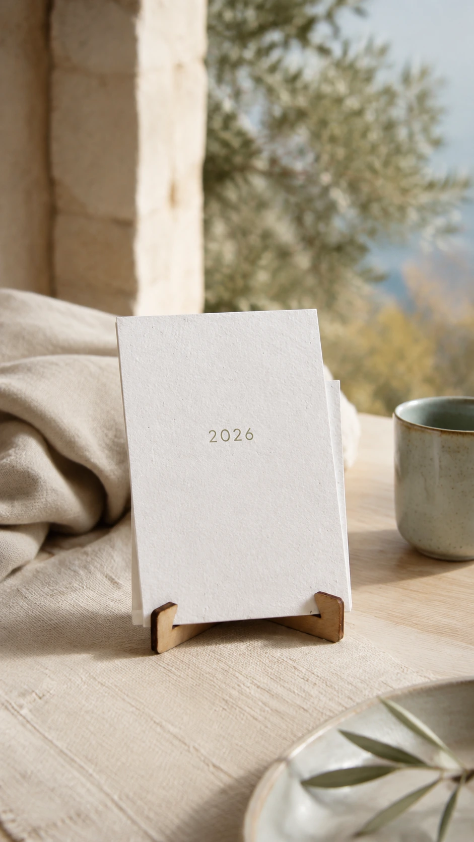 Calendario de papel de algas y semillas con atril junto a una ventana en composición vertical.