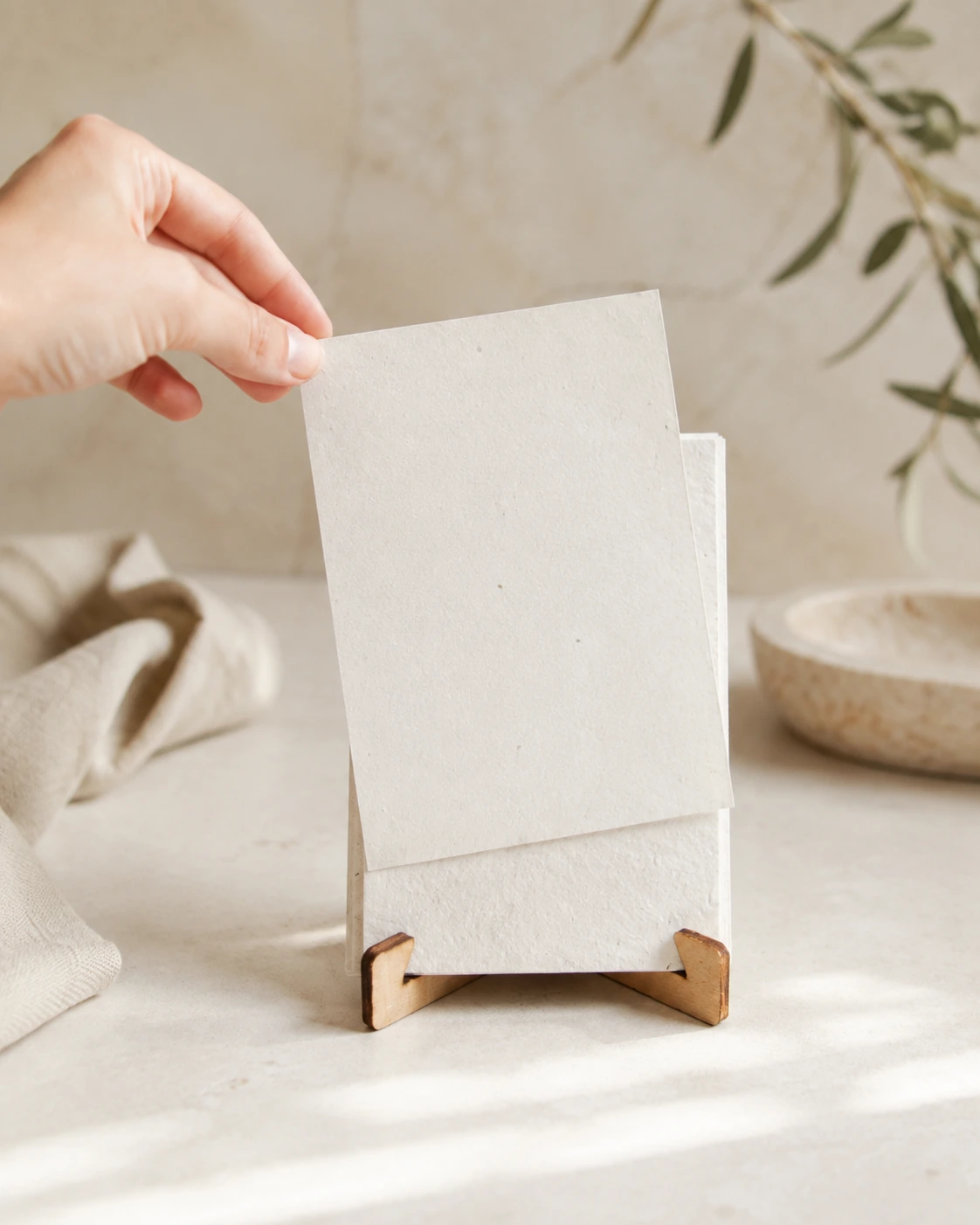 Calendario de papel de algas y semillas en una escena de escritorio con una hoja en la mano.