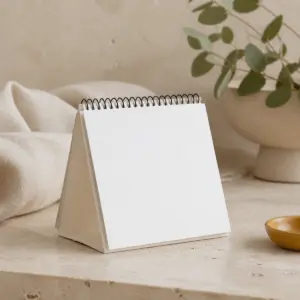 Calendario de espiral con hojas plantables personalizadas, presentación en un entorno natural.