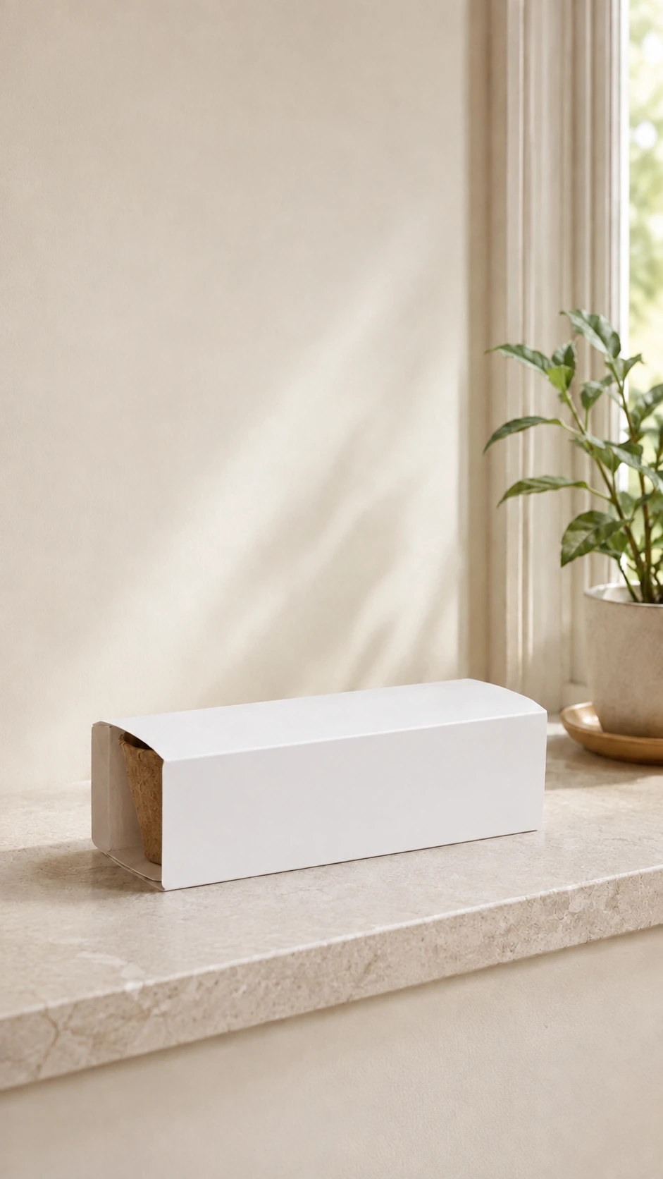 Kit de tres macetas de turba presentado junto a una ventana con decoración natural.