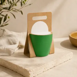 Kit de siembra en maceta verde con soporte de cartón kraft y asa troquelada.