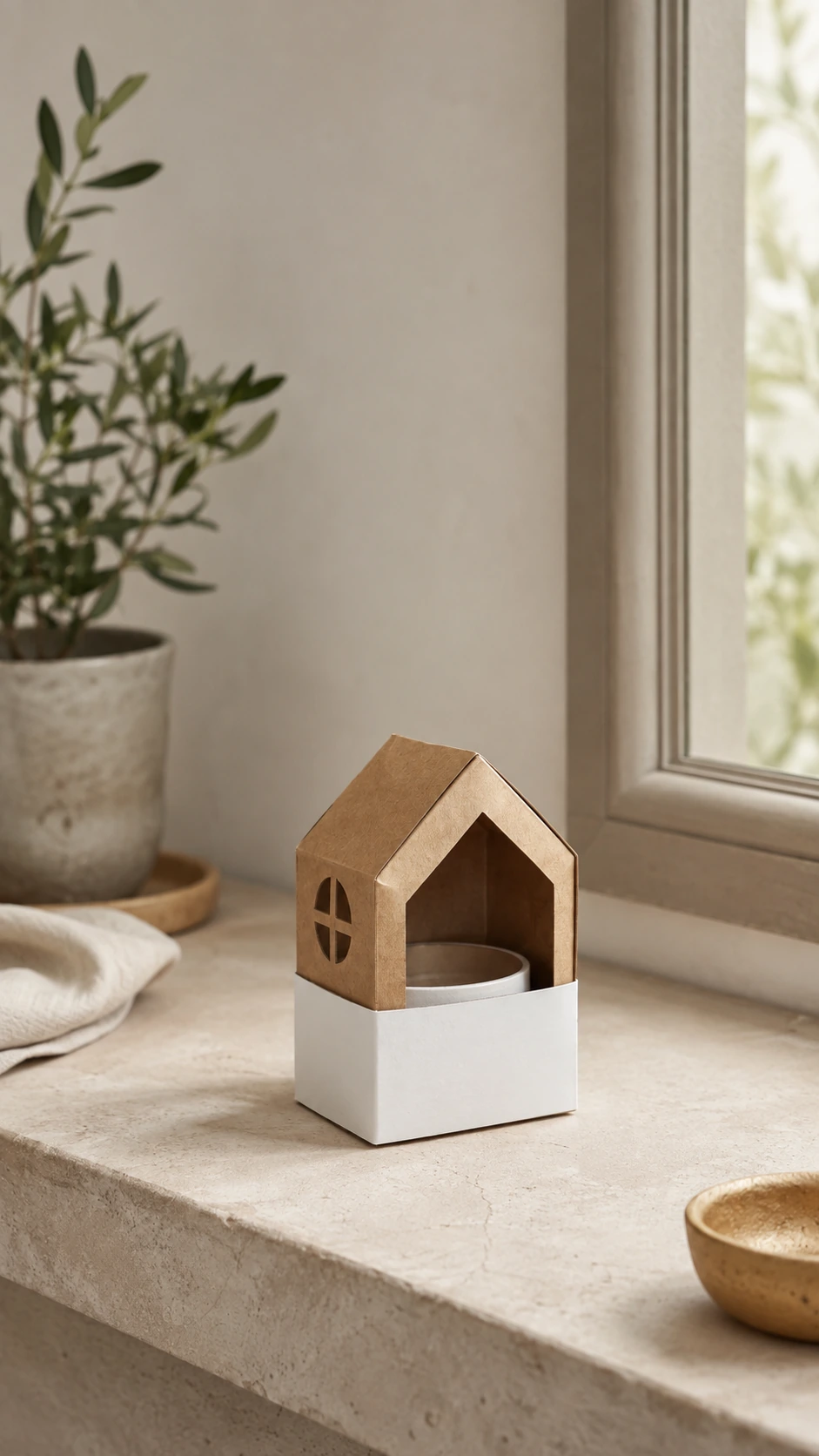 Kit de siembra en casita de cartón personalizable, composición vertical con decoración de atrezo.