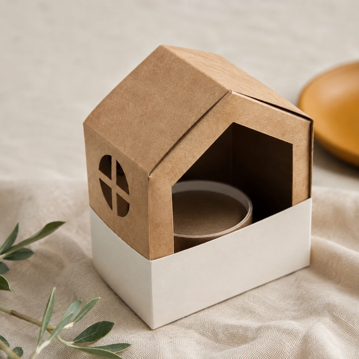 Kit de siembra en casita de cartón personalizable, detalle de construcción y materiales.