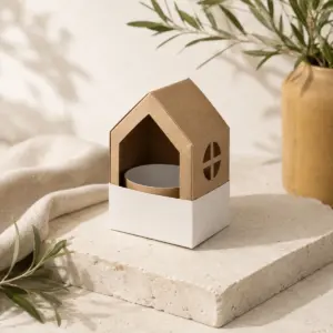 Kit de siembra en casita de cartón personalizable, presentación en un entorno natural.
