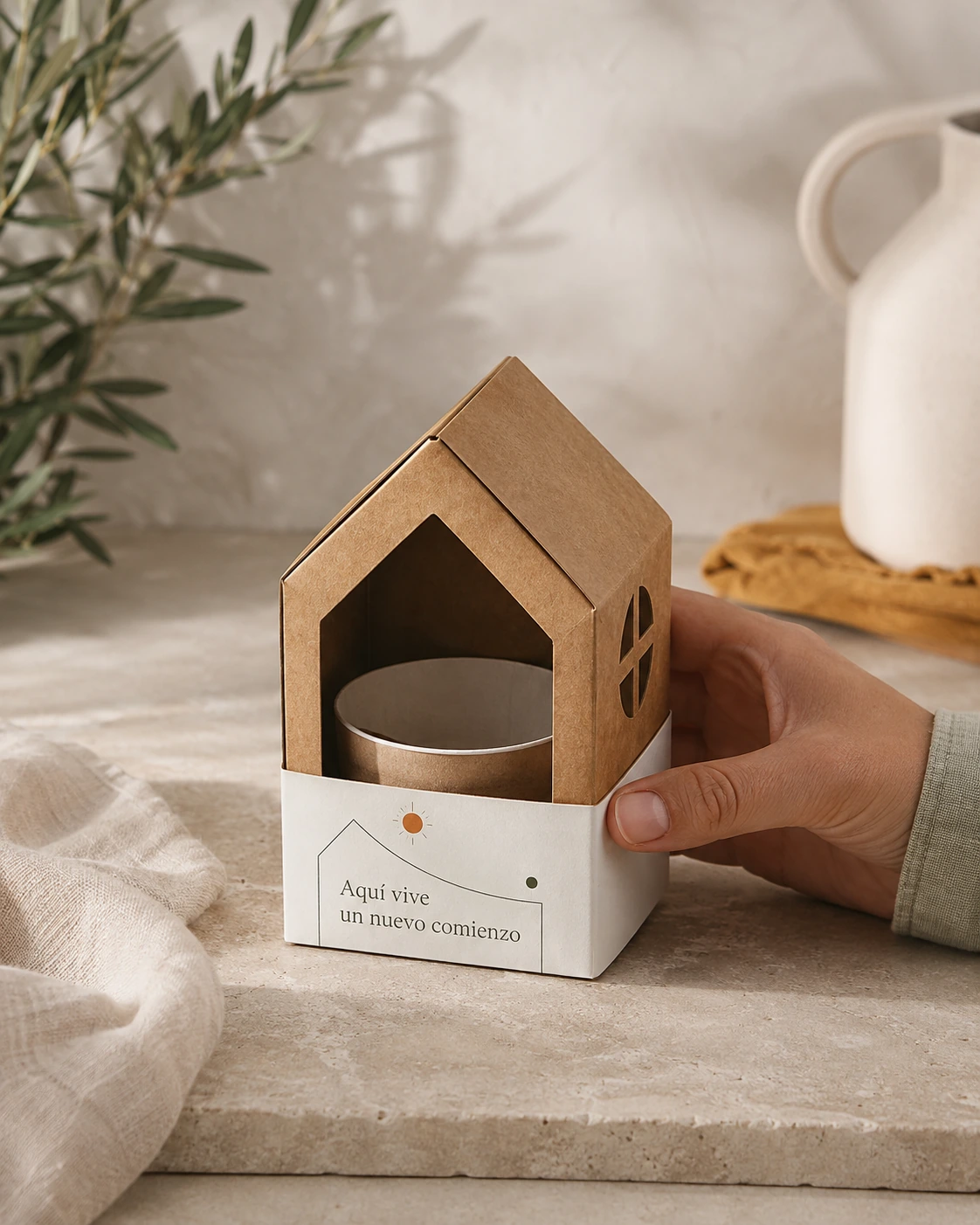 Kit de siembra en casita de cartón personalizable, simulación de personalización con diseño gráfico original.