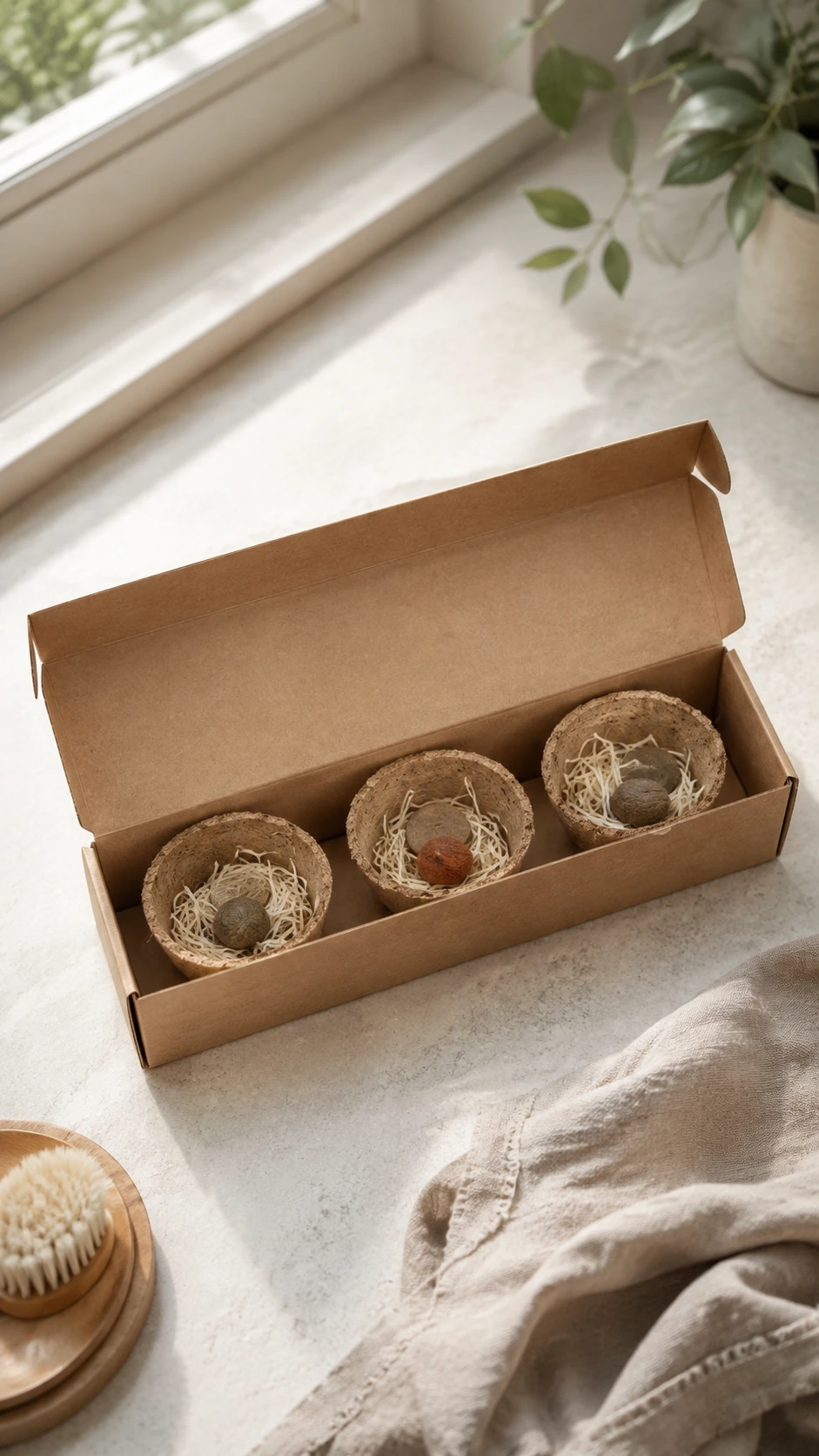 Kit de tres macetas de turba en caja abierta junto a una ventana.