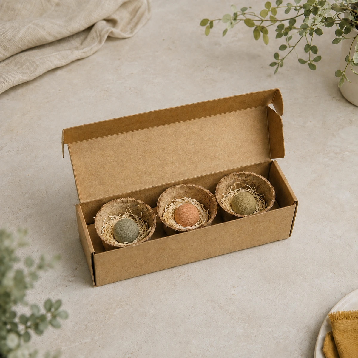 Kit de siembra con tres macetas de turba y tres bombas de semillas en caja.