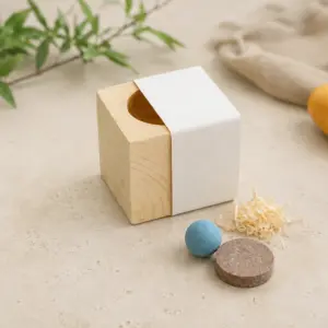 Kit de siembra en cubo de madera con bomba de semillas y disco de sustrato.
