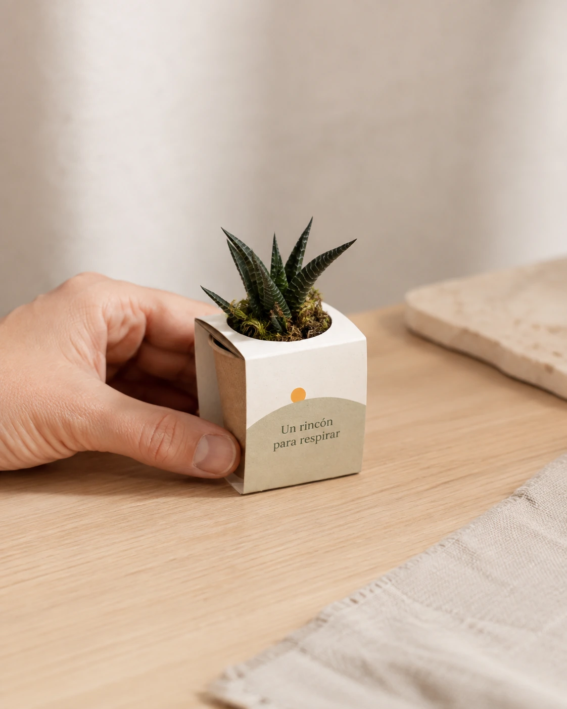 Planta de regalo con diseño de paisaje y mensaje «Un rincón para respirar».