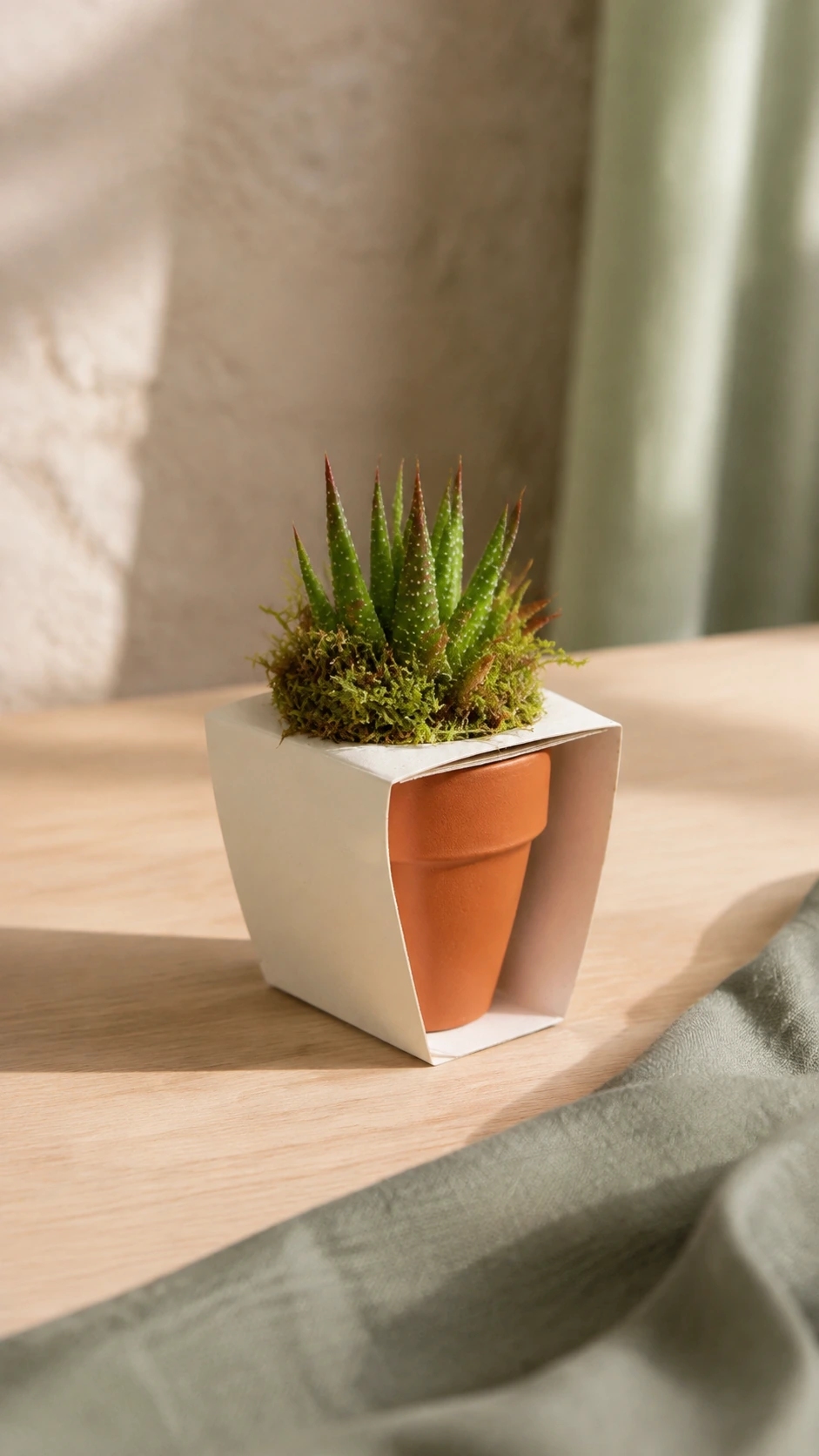 Planta de regalo en maceta de terracota junto a una ventana.