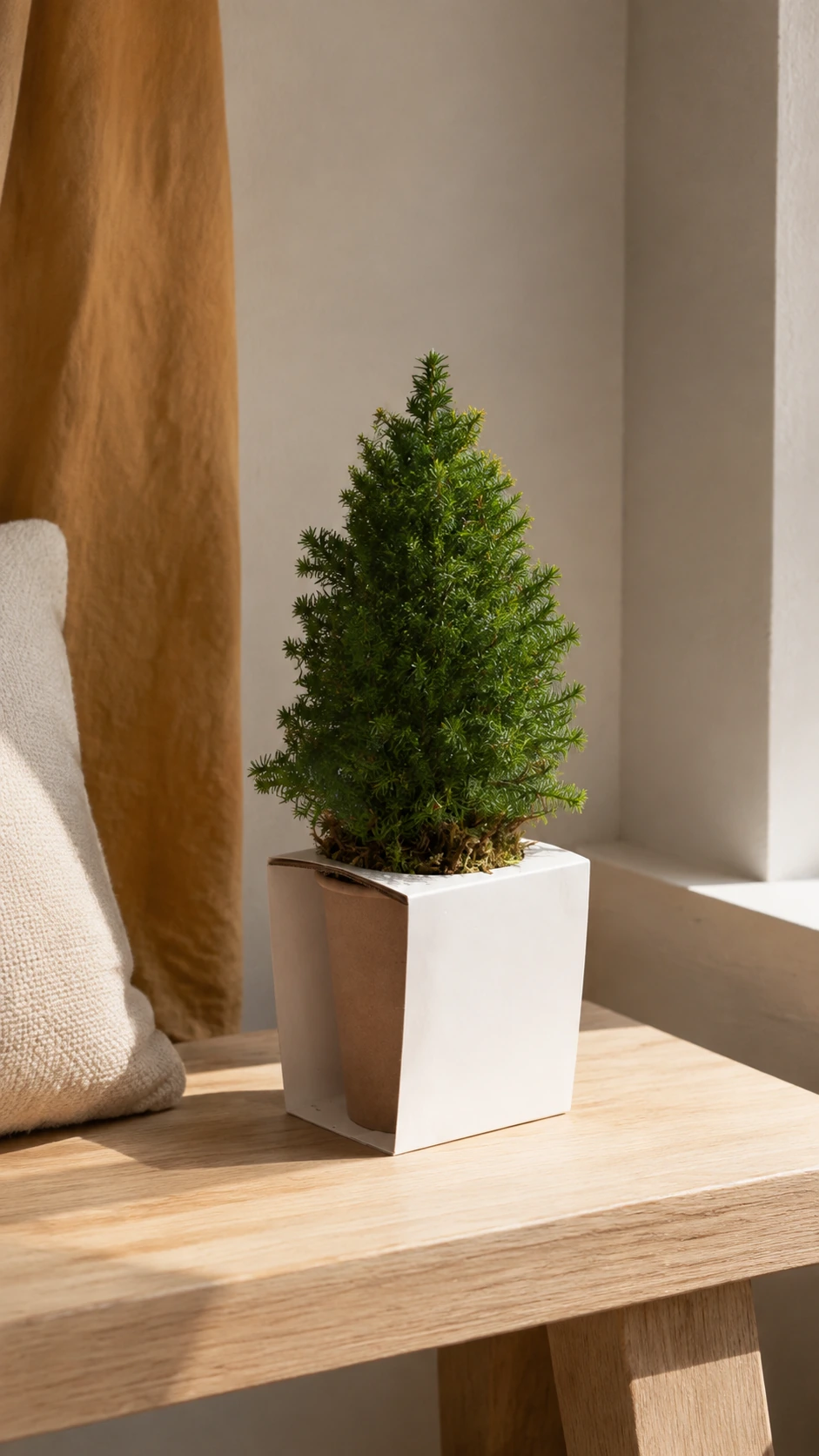 Árbol de regalo con faja blanca, composición vertical junto a una ventana.