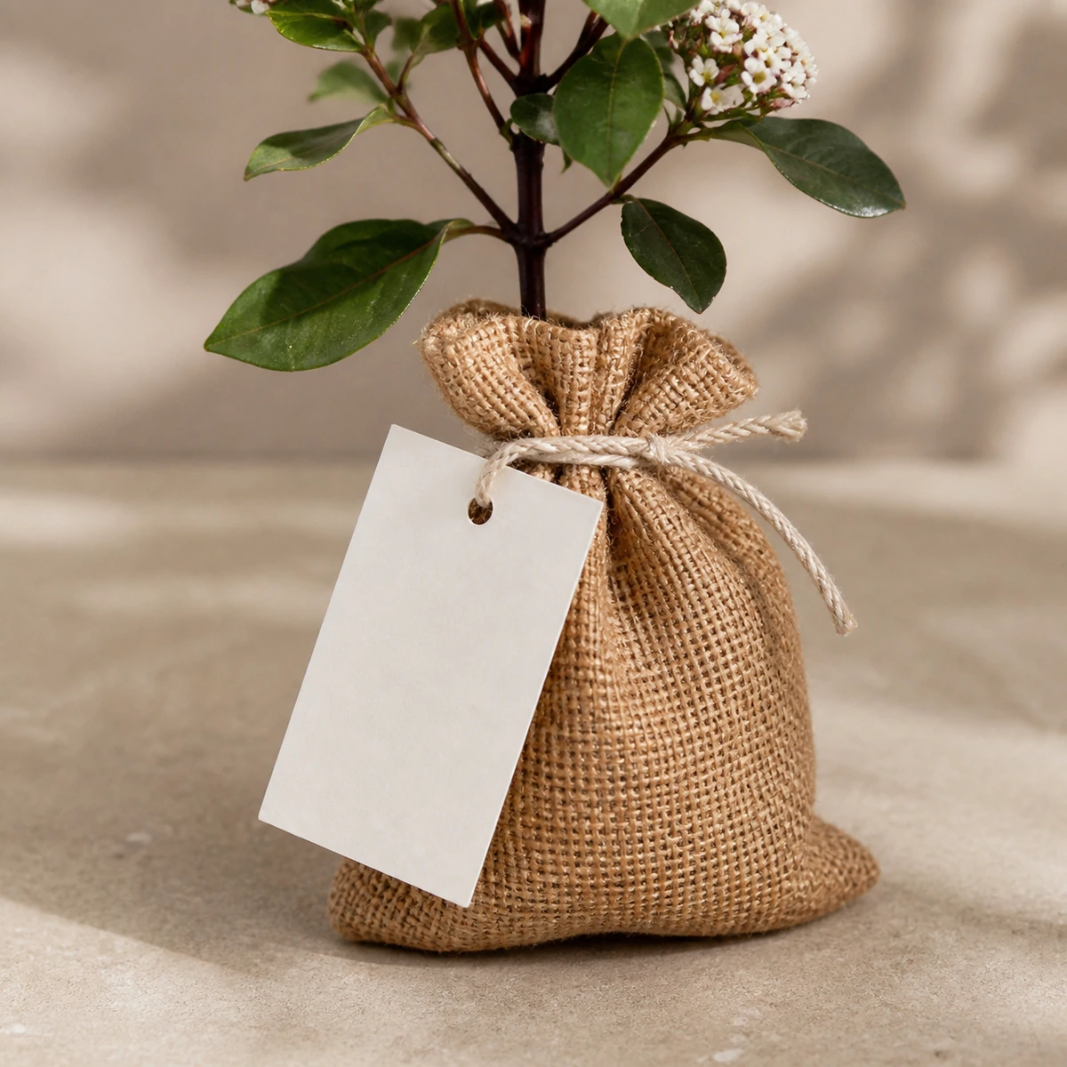 Detalle del saco de yute, cordón y etiqueta blanca del durillo.