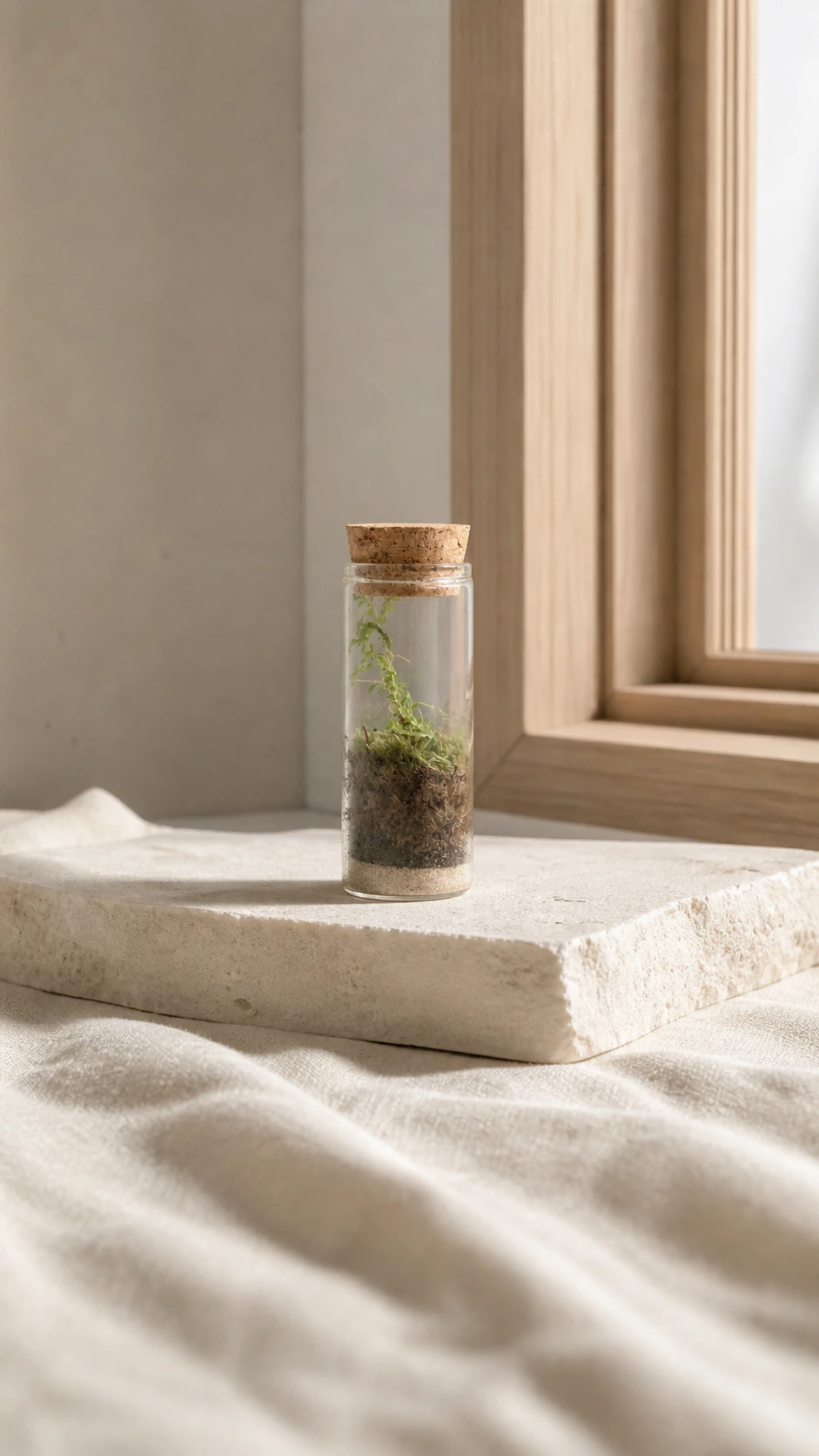 Mini terrario de cristal con corcho, composición vertical en tonos naturales.