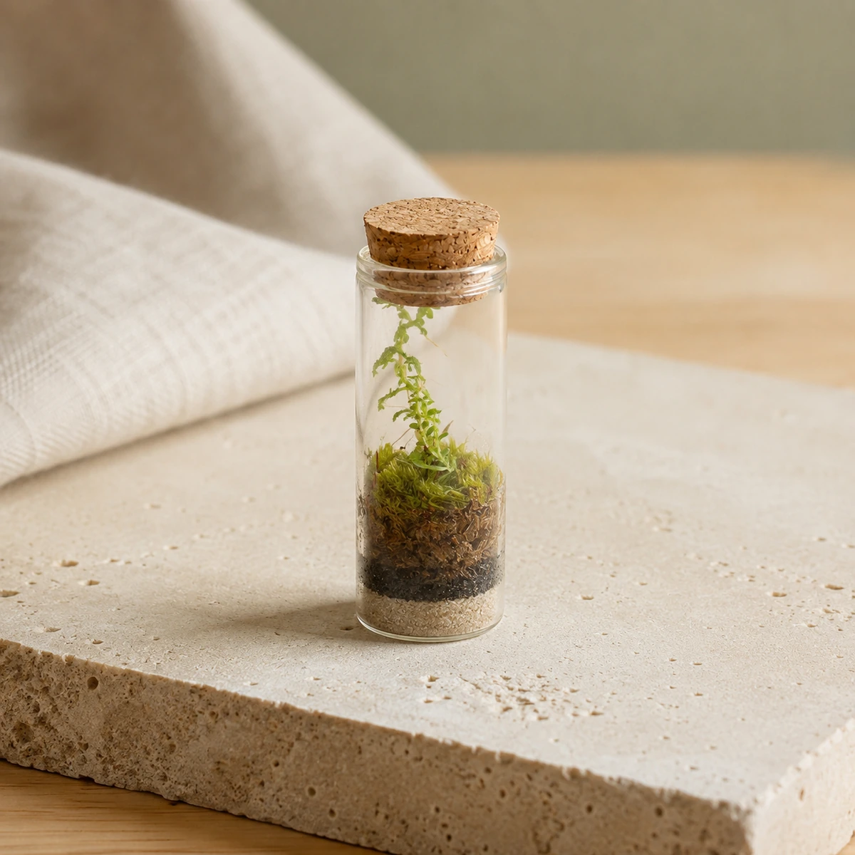 Detalle de las capas de arena, sustrato y musgo del mini terrario.