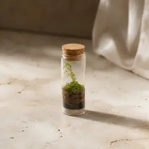Mini terrario en frasco de vidrio con tapón de corcho.