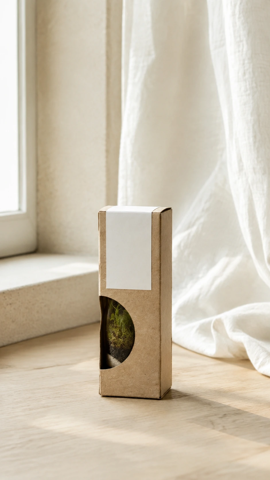 Caja kraft con mini terrario visible por la ventana, composición vertical.
