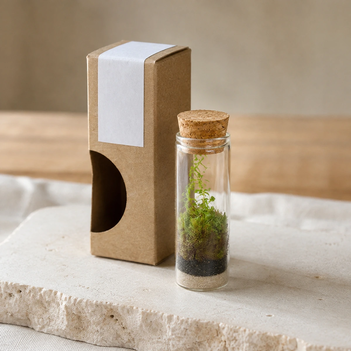 Frasco del mini terrario junto a su caja kraft vacía.