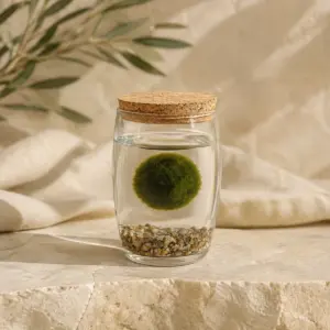 Marimo en frasco de vidrio con tapón de corcho y piedras.