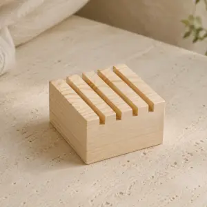 Organizador de escritorio de un módulo de madera con cuatro ranuras superiores, en acabado natural.