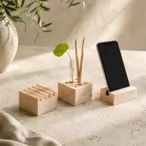 Organizador de escritorio de tres módulos de madera con bloque ranurado, portalápices y soporte para móvil.