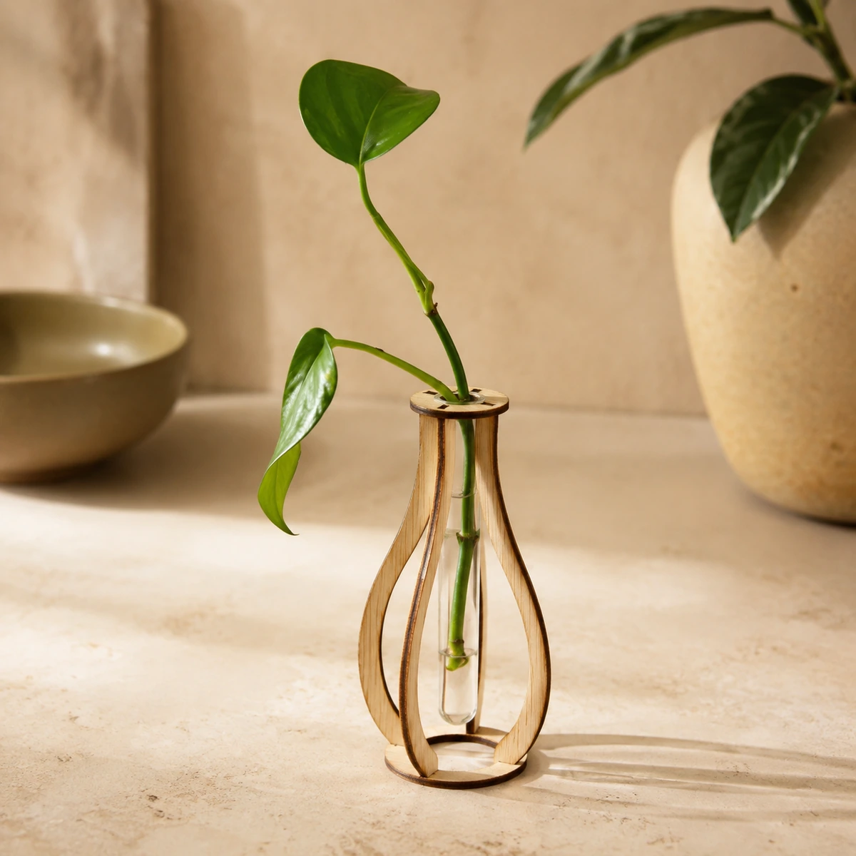 Soporte de madera para esqueje con tubo de vidrio.