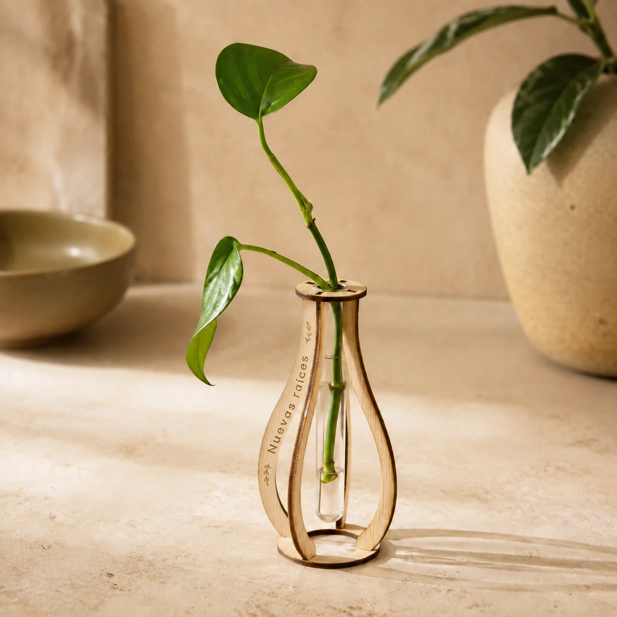 Soporte de madera para esqueje con tubo de vidrio; simulación de personalización con la frase «Nuevas raíces» y detalles en tonos naturales.