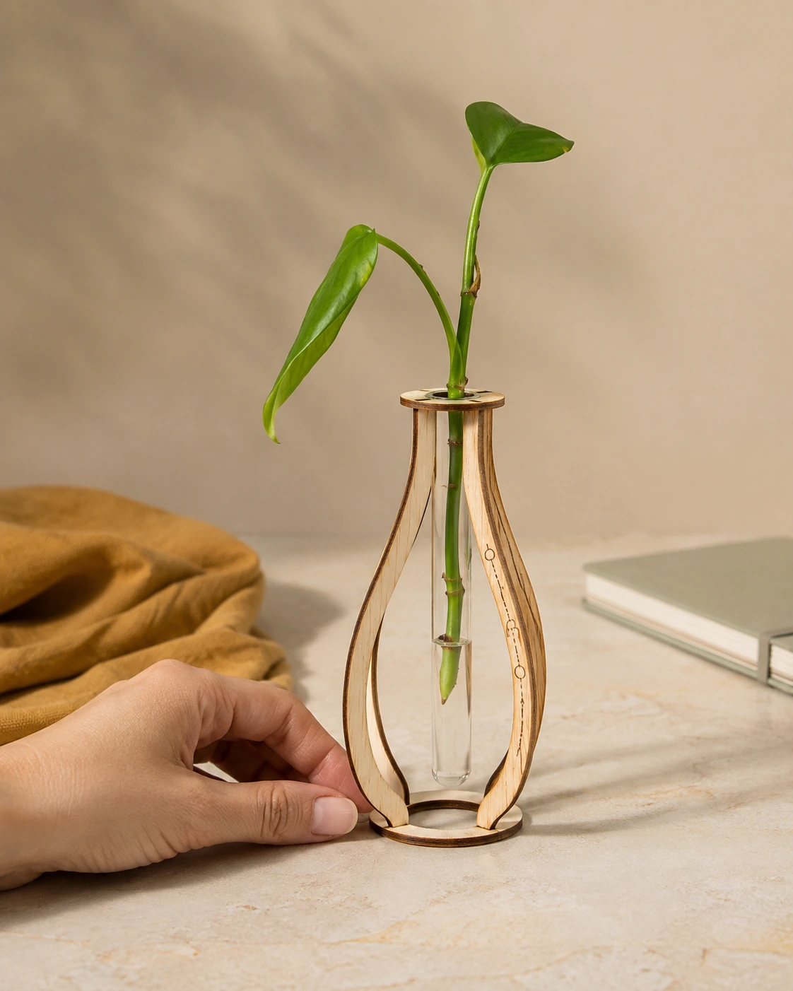 Soporte para esqueje con grabado lineal minimalista sobre madera.