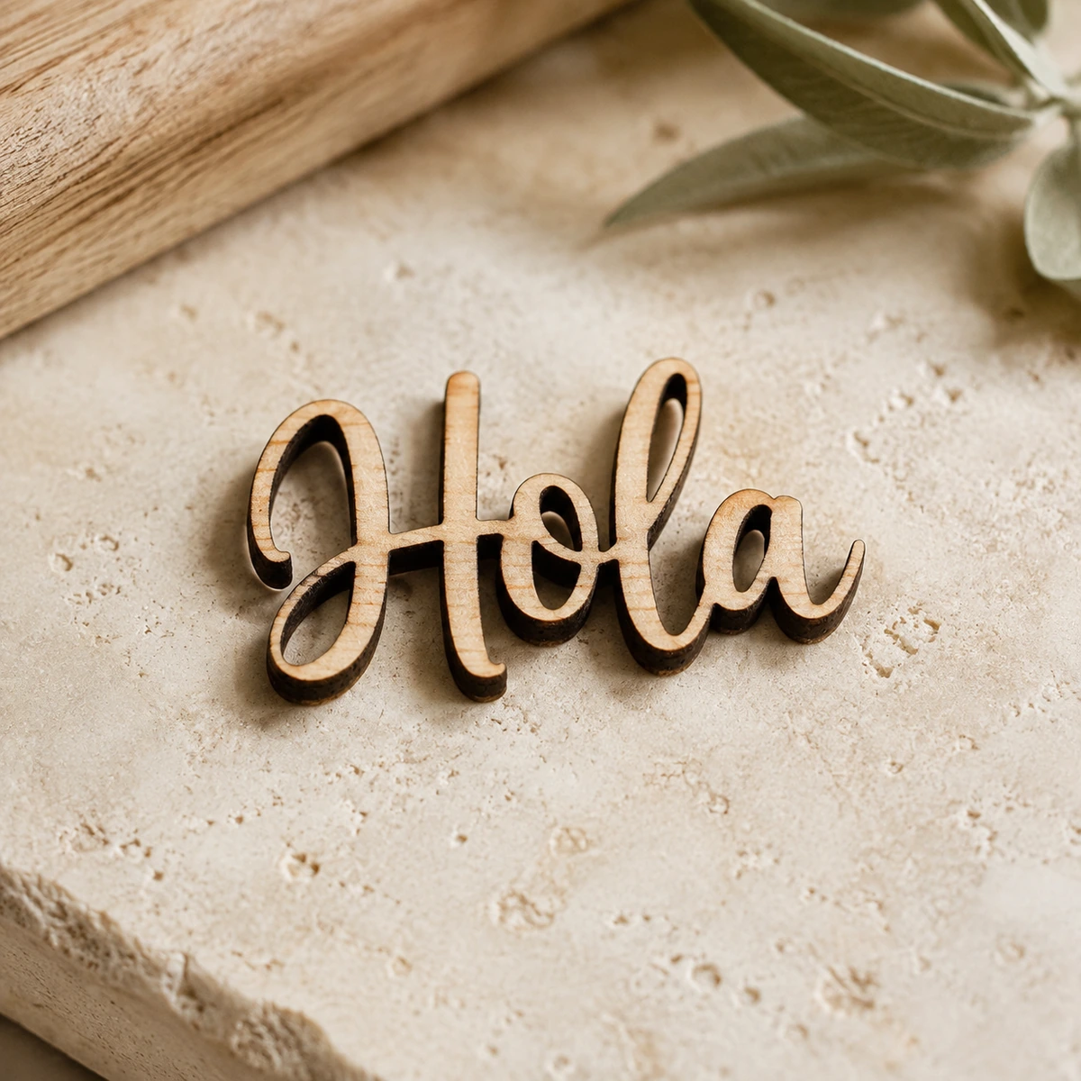Detalle de la veta y el corte del imán de madera Hola