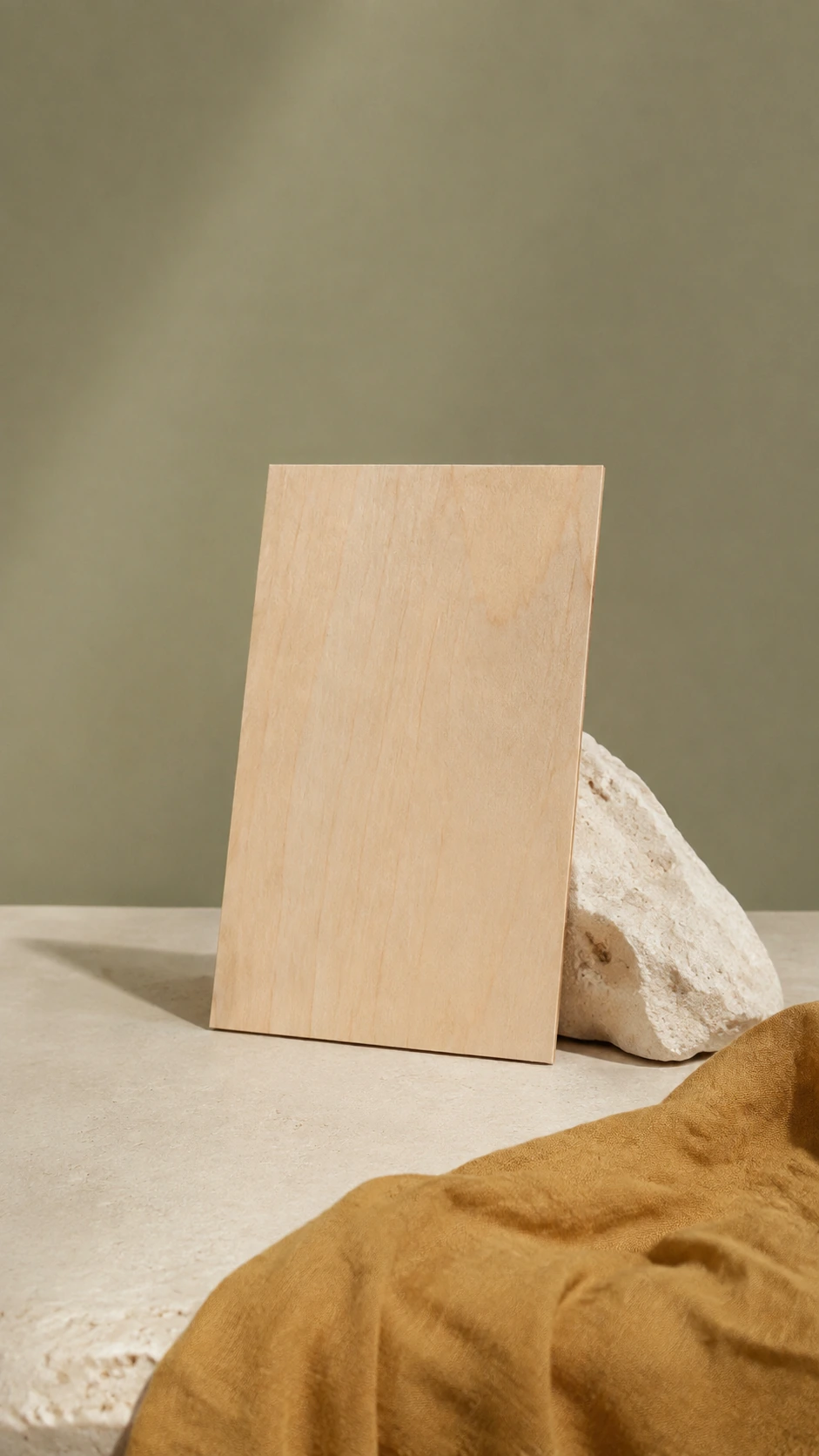 Postal de madera natural en un escritorio con fondo verde salvia.