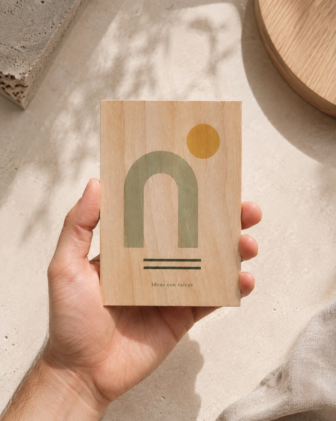 Postal de madera con impresión geométrica en verde y ocre y frase Ideas con raíces.