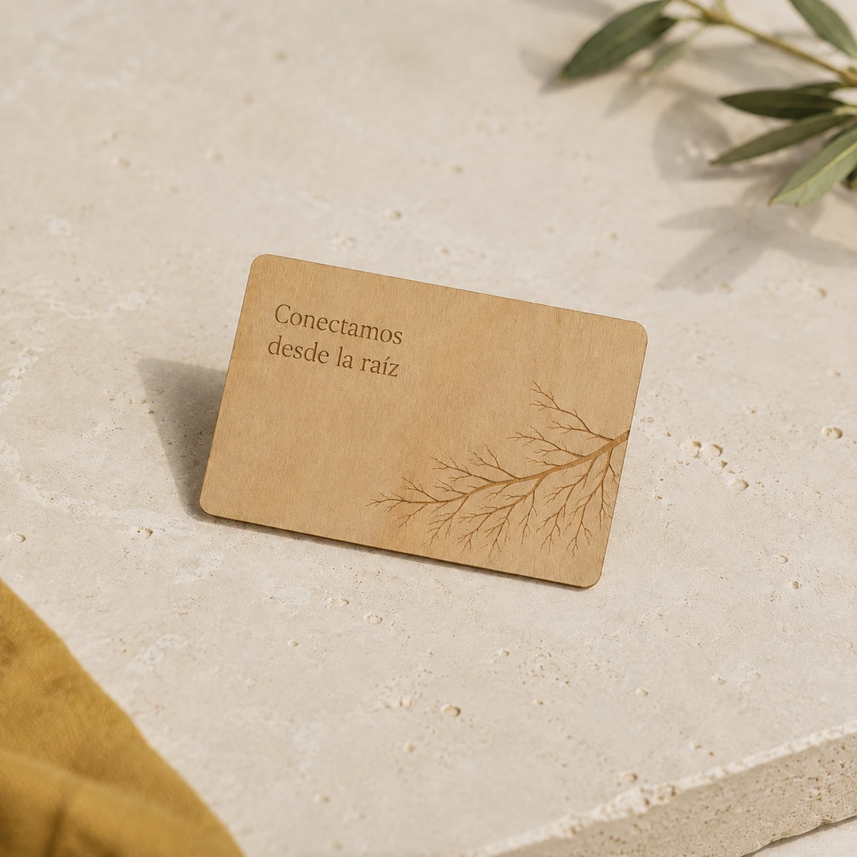 Tarjeta de visita de madera con grabado láser; propuesta de grabado láser con la frase «Conectamos desde la raíz» en una composición de tonos naturales.